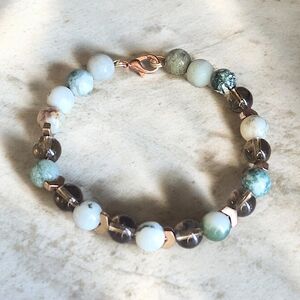 Moss Agate & Smoky Quartz Stretch Bracelet 8mm Beads| Rose Gold Chevron Accents
